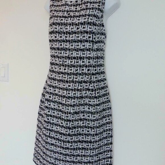NWT OSCAR DE LA RENTA Navy Blue White Wool Cotton Tweed SLVS Pencil Dress 6, 10 - Picture 2 of 7